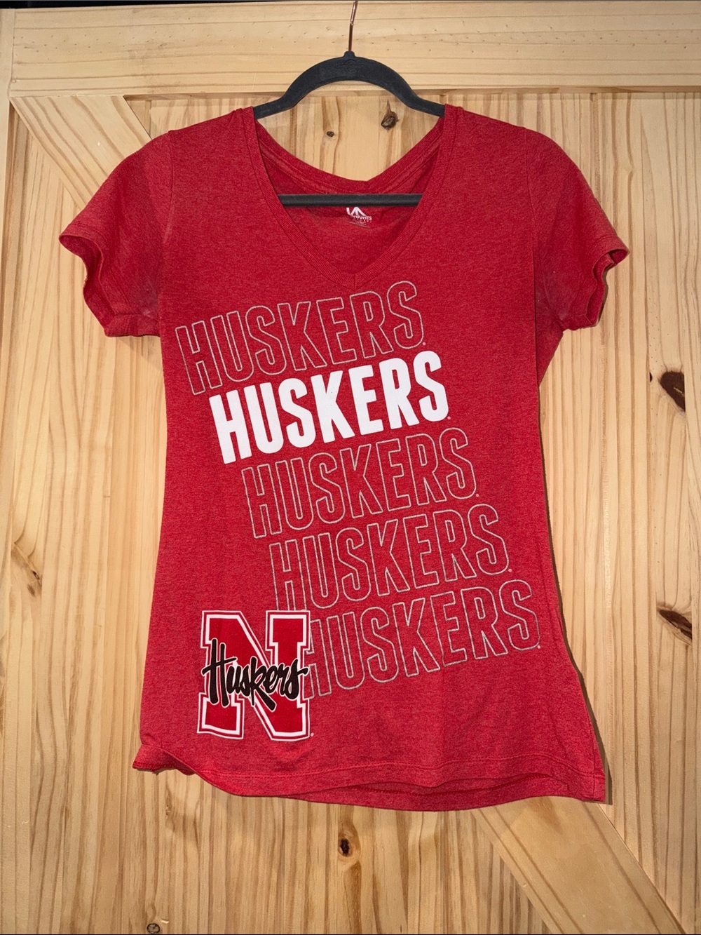 Knights Apparel Red V-Neck Huskers Graphic Tee